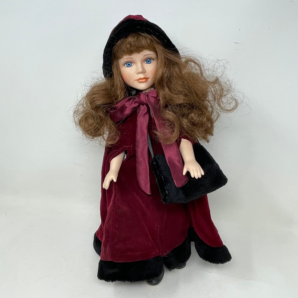 Vintage Porcelain Collector Doll 16 in Burgundy Velvet Hooded Cloak Winter Muff